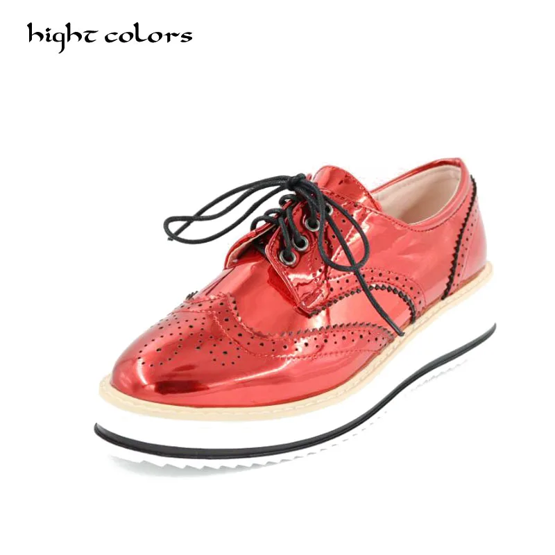 Brand Spring/Autumn Women Platform Shoes Woman Brogue Patent Leather Flats Lace Up Footwear
