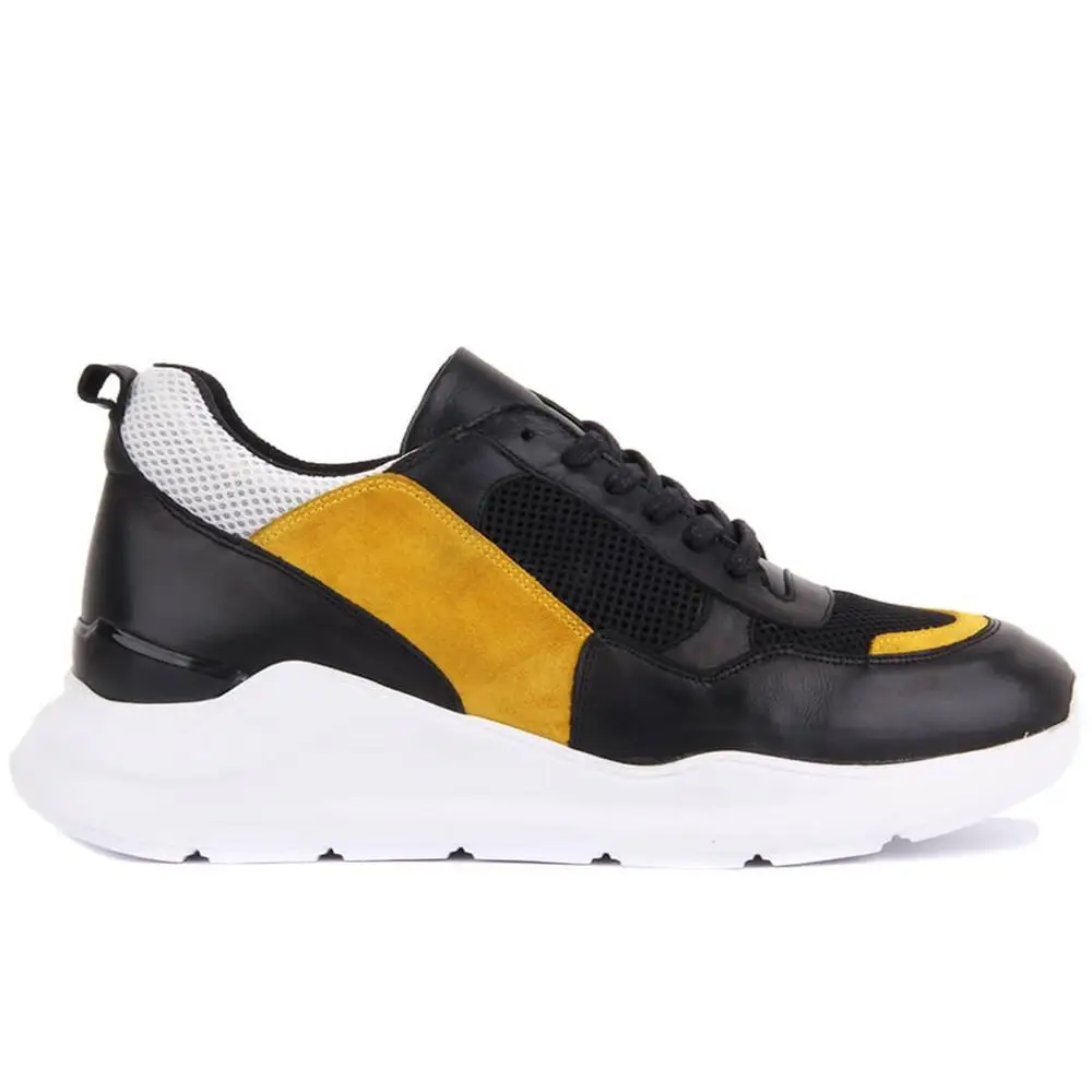 

Genuine Leather Black and Yellow Color High Bottom Men's Sneaker