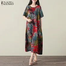 Плюс размер L-5XL 2018 ZANZEA женские летние Vestido цветочным принтом в стиле ретро с круглым вырезом с короткими рукавами длинная рубашка платье случайные свободные сарафан