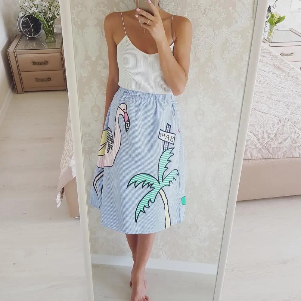 Tangada High Waist Bird Print Skirts 2017 Women Striped Skirt Elastic Waist Skirt Female Vintage Summer Skirt Saias SY47