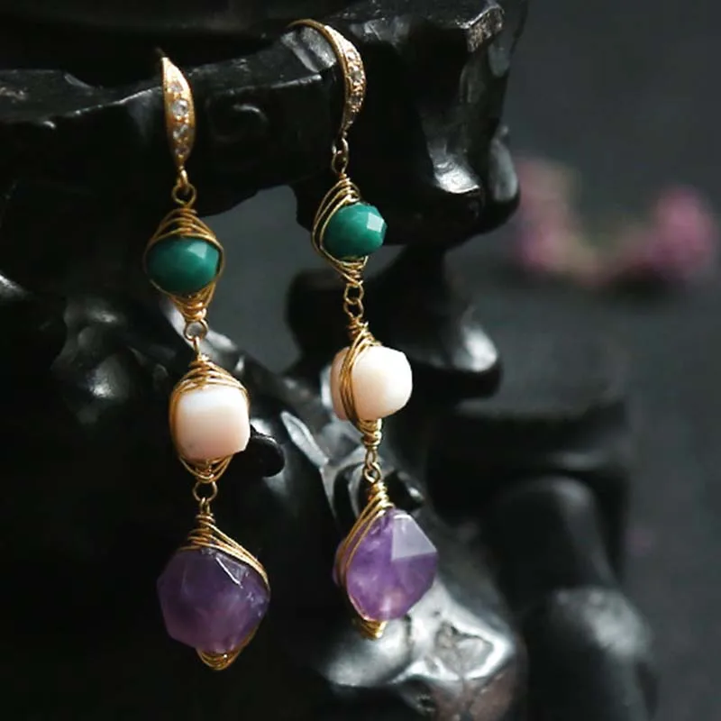 

Rockcrystal Hand made Boutique Natural Rockcrystal Semi-precious stones Pink Cystal Long section earring ear Wholesale 21
