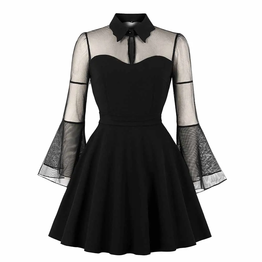 

Women Mini Dresses Casual Elegant Black Gothic Plus Size Aline Flare Sleeve Mesh Red Spring Office Lady Sexy Female Goth Dress