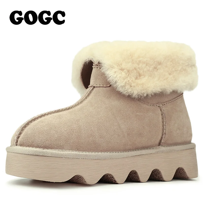 Kopen GOGC 2018 Sneeuwschoenen vrouwen Winter Laarzen met Wol Warmful Bont Gevoerde Enkellaarsjes voor Vrouwen Echt Leer Vrouwen #039;s Winter Schoenen