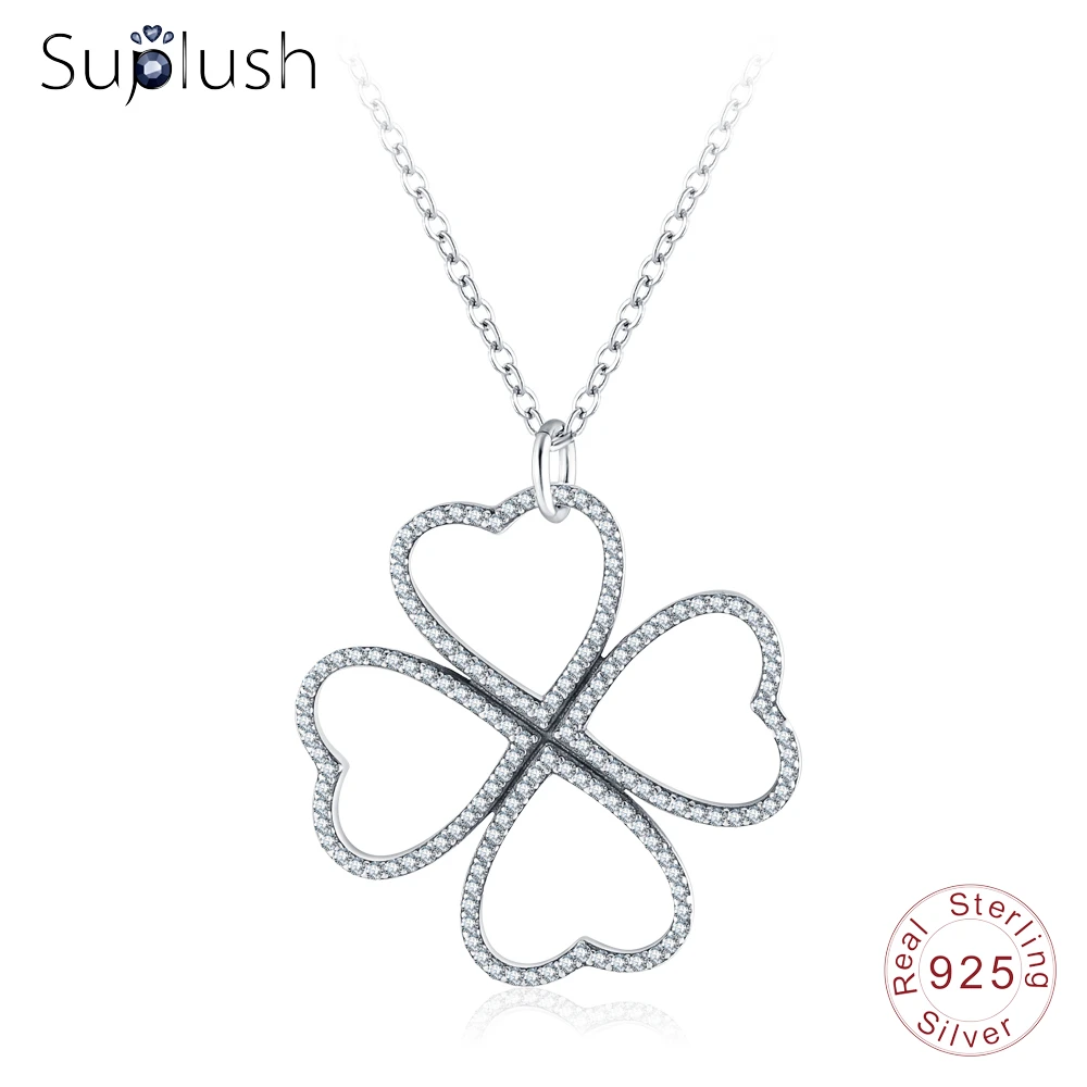 

Suplush Brand 100% 925 Sterling Silver Clover Pendant Necklace For Lover Heart Crystal Fine Jewelry Chain Necklace PSNL0020-B