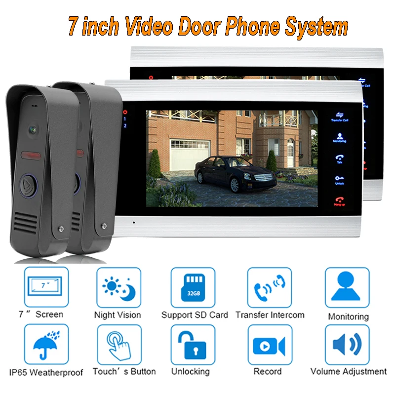 

2018 new Video Door Phone Doorbell Intercom System Home Security Camera Monitor with ip65 Rainproof 7" TFT display 1200TVL 2 V 2