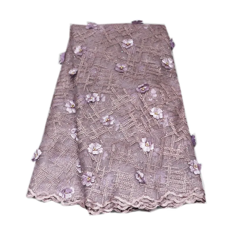 

HFX High Quality French Lace Fabrics African Net Laces With Beaded Lilac 3d Flower Embroidery Lace Fabric X897-8
