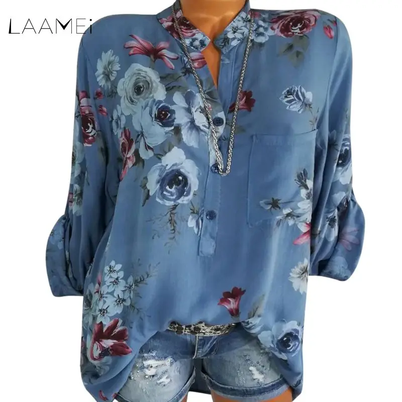 

Laamei Floral Print Women Blouse Summer Top Plus Size Long Sleeve Shirt Harajuku Printed Blusas Feminina Womens Tops And Blouses