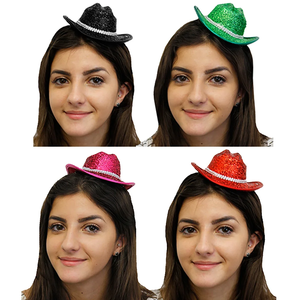 

MINI SPARKLY COWBOY COWGIRL HAT FASCINATOR CLIP ON FANCY DRESS WILD WEST TINSEL TINY HAT ADULTS KIDS RED PINK BLACK GREEN