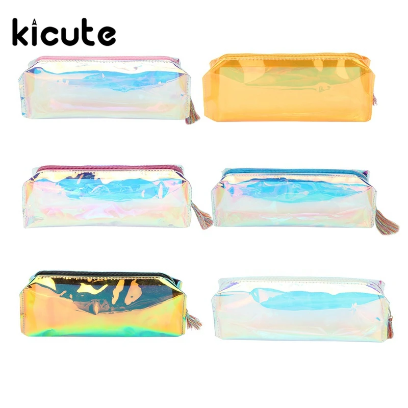 

Kicute 1pcs Simple and Stylish Transparent Pencil Case Cosmetics Makeup Bags Holographic Metallic Color for Student and Worker