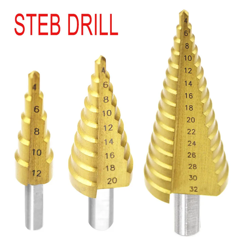 4-12mm 4-20mm 4-32mm HSS 4241 Steel Large Step Cone Titanium Coated Metal Drill Bit Cut Tool Set Hole Cutter 4 12mm 4 20mm 4 32mm metric spiral flute step hss steel 4241 cone titanium coated drill bits tool set hole cutter