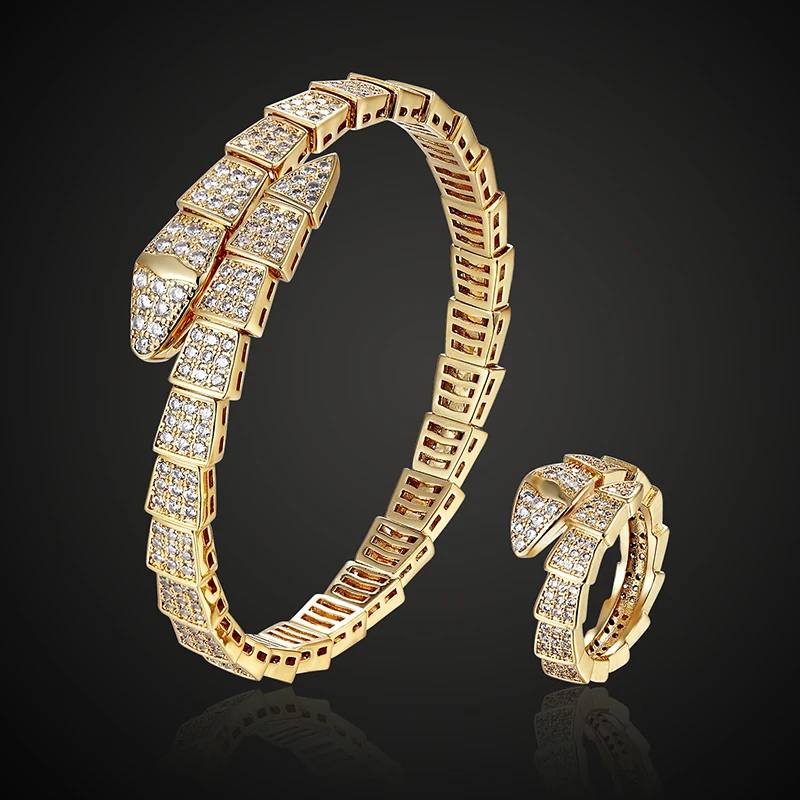 

LanRuiSha Brand Adjust Cubic zircon snake bangle and ring wedding jewelry sets three plated color copper bracelet anel sets anei