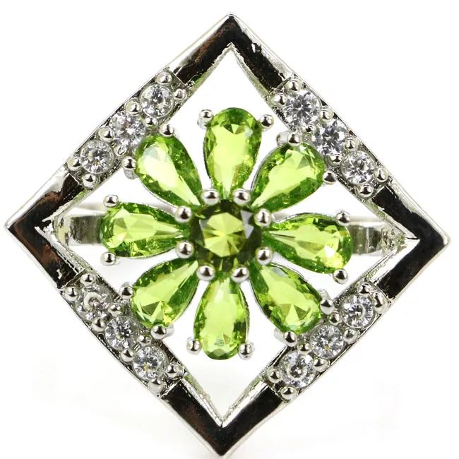 

Gorgeous Green Peridot, White CZ SheCrown Woman's Wedding Silver Ring 25x25mm