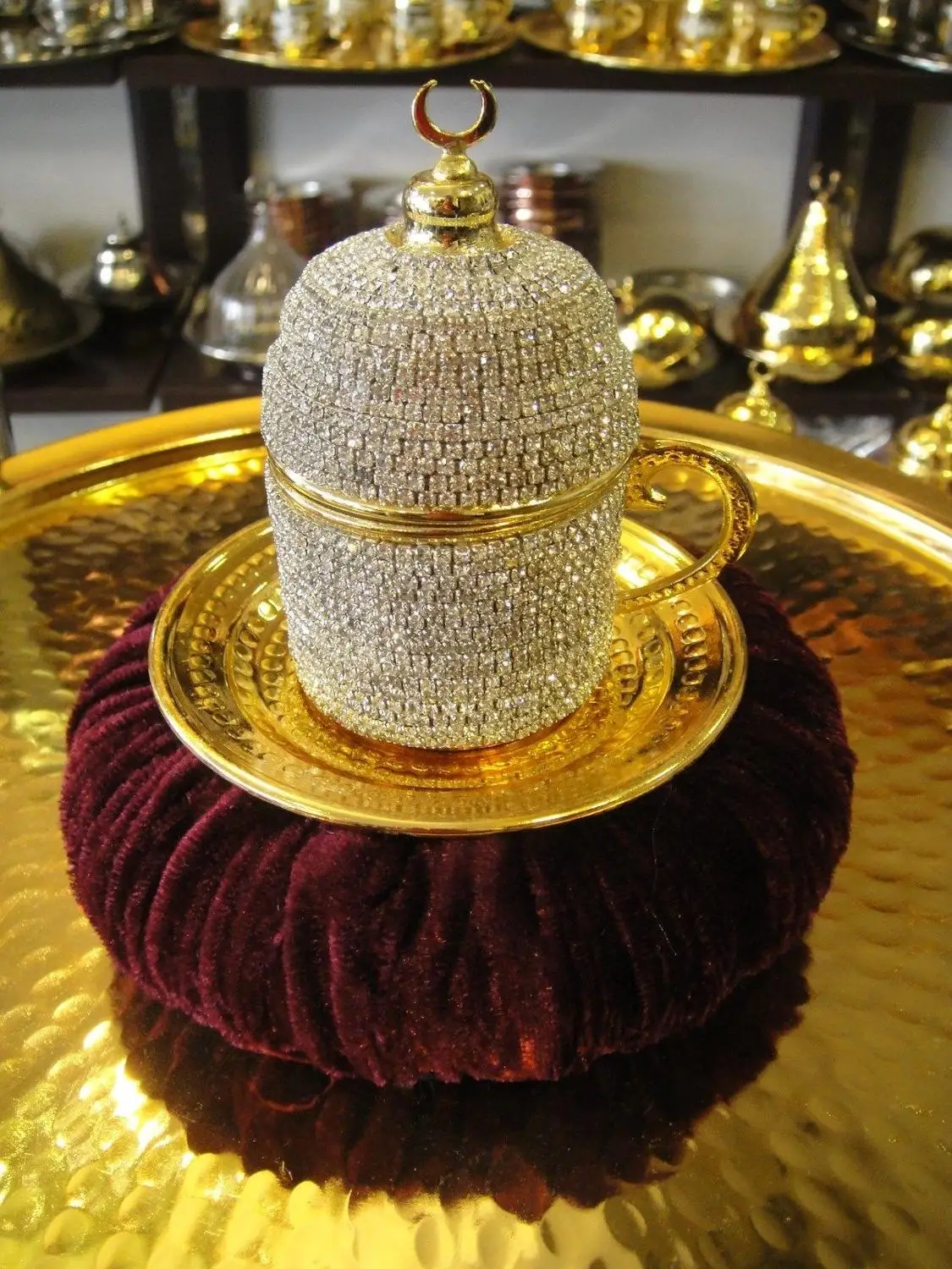 Ручной работы Медь Турецкая кофейная чашка блюдце Swarovski тип с кристаллом
