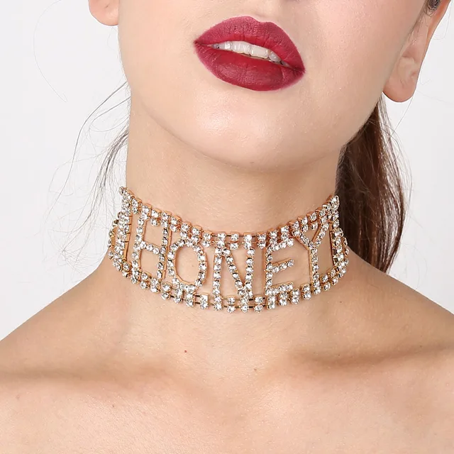 Punk Shiny Rhinestone Letter Honey Cup Chain Choker Necklace Women's