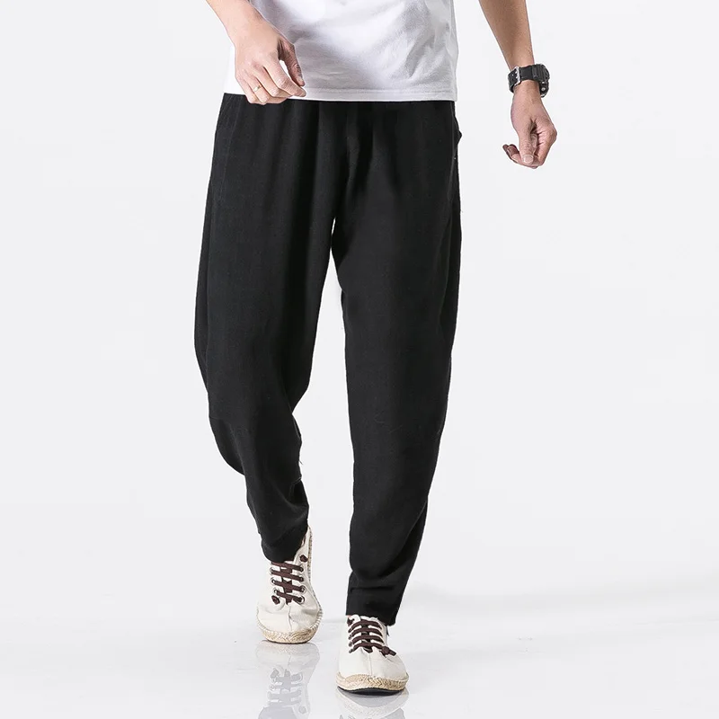 MRDONOO, размер плюс 5XL, хлопковые льняные шаровары, Мужские штаны для бега, мужские брюки, Китайская традиционная одежда K25 - Цвет: Черный