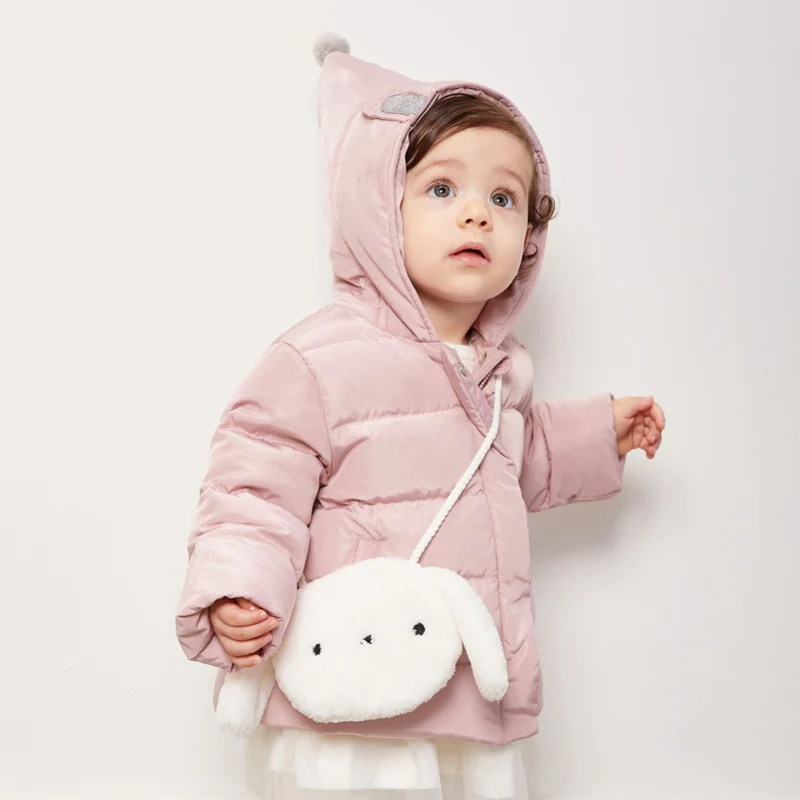 

Mini Balabala Baby Hooded Puffer Jacket with Pom Pom Newborn Baby Girl Boy Winter Down Jacket Coat Cross-body Fur Bag Included