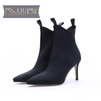 

MLJUESE 2019 women ankle boots Stretch fabric black color slip on pointed toe autumn boots high heels women boots wedding dress