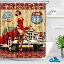 Cortina de ducha Vintage Route 66 Poster Old American Route 66 Hot Girl Beauty, cortina de baño, tela impermeable, decoración de poliéster
