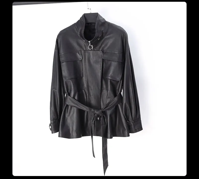 Корейский стиль ветровка женская черная натуральная кожа Топ класс овчины пальто куртки передние накладные карманы casaco ropa LT2484