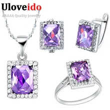 Uloveido Свадебные украшения комплекты большие площади камни Цепочки и ожерелья серьги кольца Винтаж серебро Цвет австрийский Ювелирные изделия из кристаллов T148
