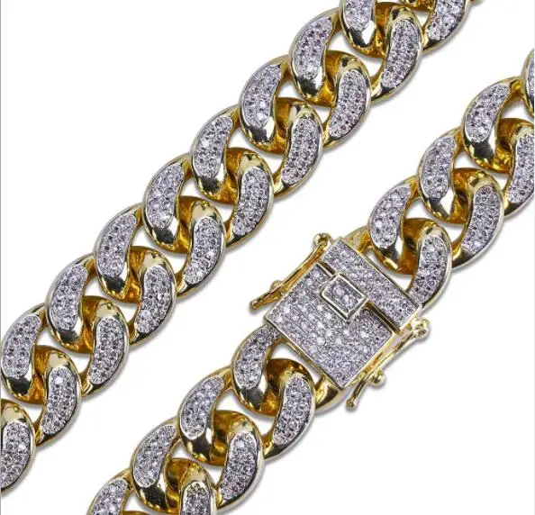 

US7 Rock 13mm Miami Curb Cuban Crystal Iced Out Chain Necklace For Men Gold Clasp Link Bling Rapper Hip Hop Chain Jewelry Choke