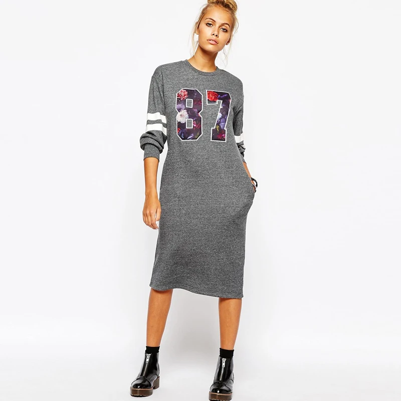 

Sporty Long Straight Dress For Women Gray With Numbers Pattern
