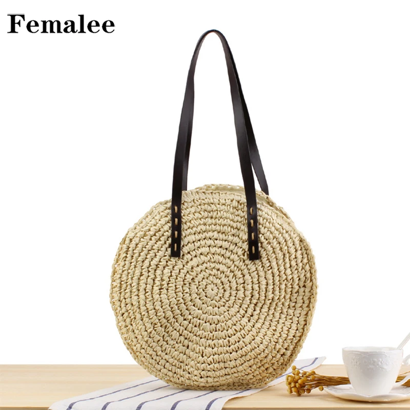 

FEMALEE Retro Round Handmade Woven Straw Beach Shoulder Bag Raffia Bali Circle Paper Rope bags Summer Vacation Casual Handbag