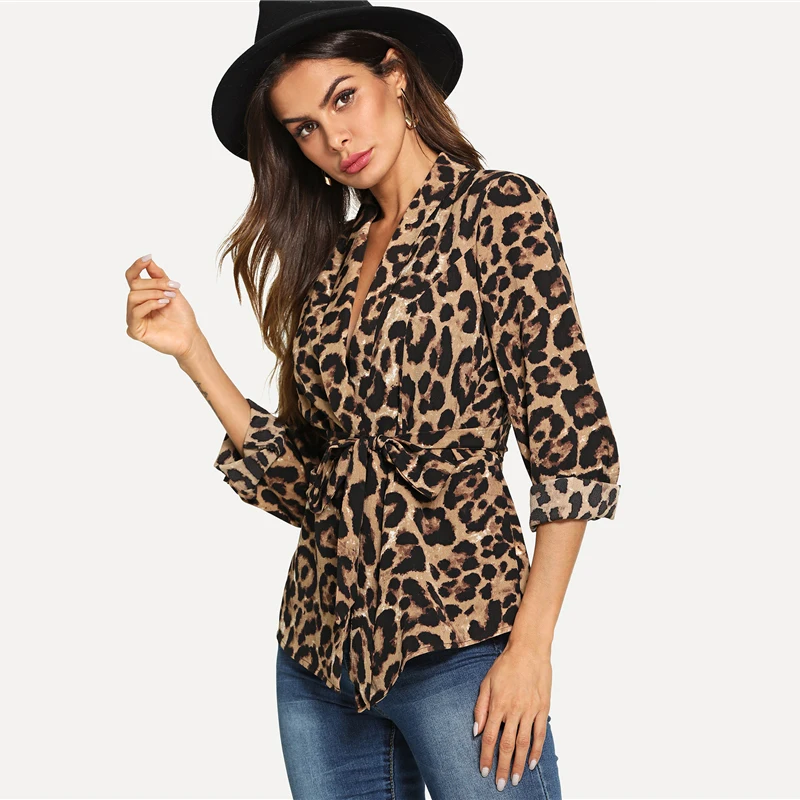 SHEIN Multicolor Highstreet Office Lady Shawl Collar Belted Leopard Print Elegant Blazer Autumn Workwear Women Outerwear