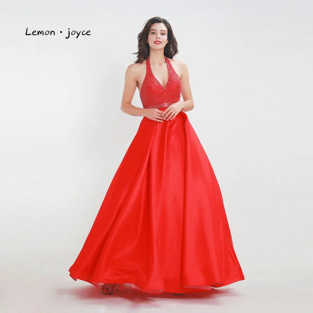 

Lemon joyce 2019 Red Formal Evening Dress Elegant Beading Backless Sleeveless Sexy Halter Ball Gowns For Women