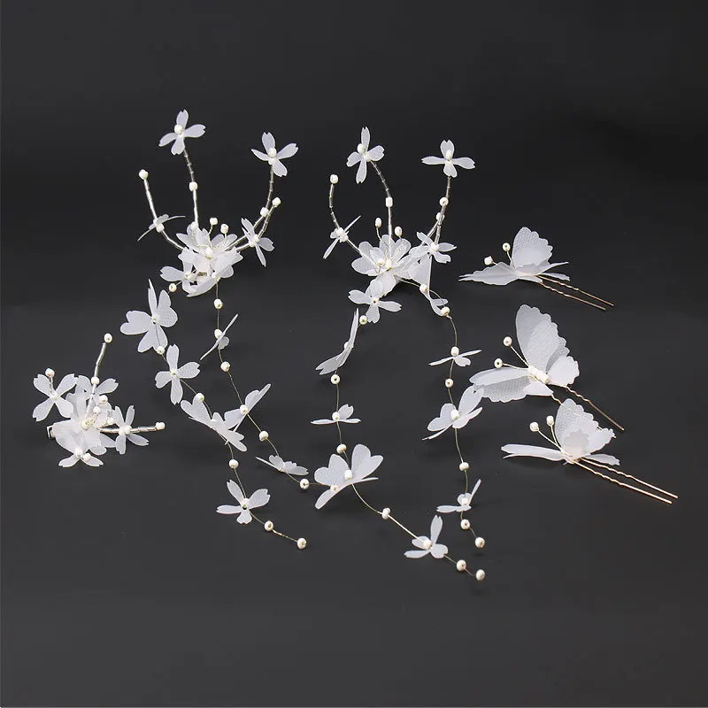 

6pcs 2018 Hot Sell Bridal Headdress White Handmade Flowers Long Ear Hanging Butterfly Hair Clip Set Korean Beach Wedding Jewelry