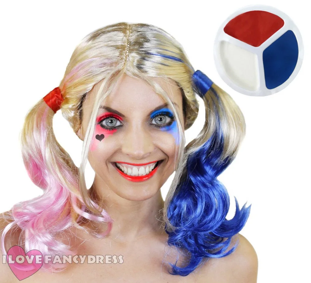 

HARLEQUIN BLONDE PINK ANB BLUE PIGTAIL WIG FACE PAINT SET HALLOWEEN FANCY DRESS COSTUME HARLEQUIN VILLAIN Harley Quinn COSPLAY