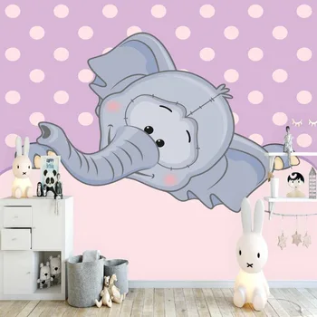 

Else Purple Floor Pink Dots Gray Cute Elephants 3d Print Cartoon Cleanable Fabric Mural Kids Children Room Background Wallpaper