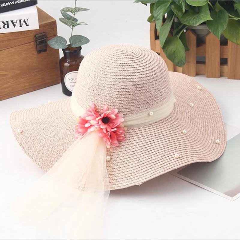 Seioum new flower woman sun hats foldable wide wave brim hand made straw hat female casual shade woman summer beach cap anti-uv