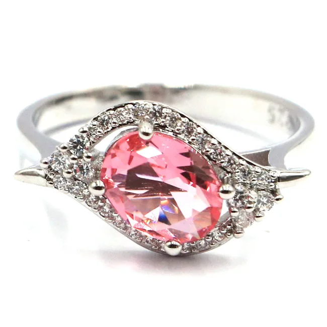 

US sz 7.75# SheCrown Pink Morganites Natural Cubic Zirconia Gift For Girls Silver Ring 21x10mm