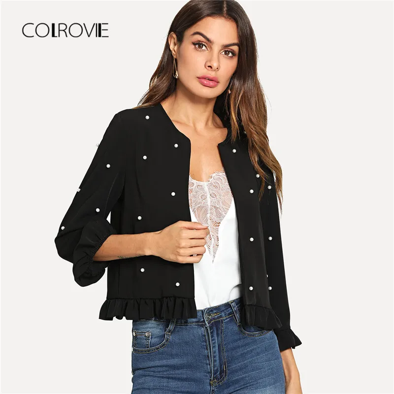 Beste COLROVIE Black Office Lady Parel Kralen Franje Zoom Jas Buitenste 2018 Herfst Ruche Petal Mouwen Solid Elegante Mode Vrouwen Jas