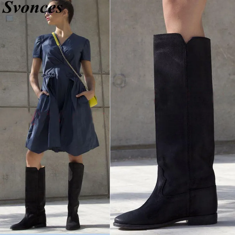 

European 2019 Cowleather Genuine Leather Womens Knee High Boots Black Height Increasing Wedge Boots Plain Vintage Winter Boots