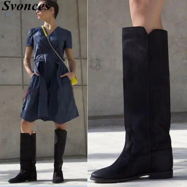 plain black leather knee high boots