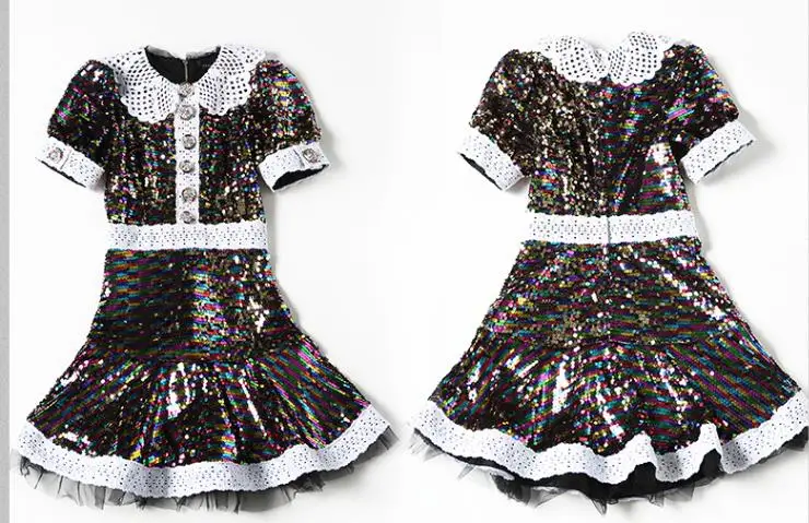 Blusas mujer de moda, потрясающее платье с отложным воротником и короткими рукавами, роскошное платье с блестками, 80104-1