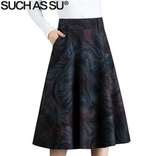 Новинка, осенне-зимние винтажные вязаные шерстяные юбки трапециевидной формы, женские юбки-пачки с высокой талией и принтом, S-3XL, женские юбки средней длины