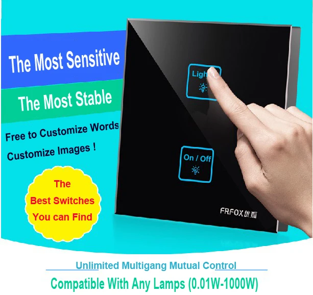 

Luxury 2 gangs 2 way LED Black Glass touch light switch Free Customize Button Smart wall touch switch Free Shipping