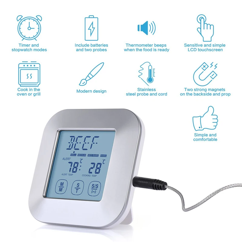 

Touchscreen Large LCD Display Potable BBQ Digital Meat Food Cooking Thermometer Timer With Probe