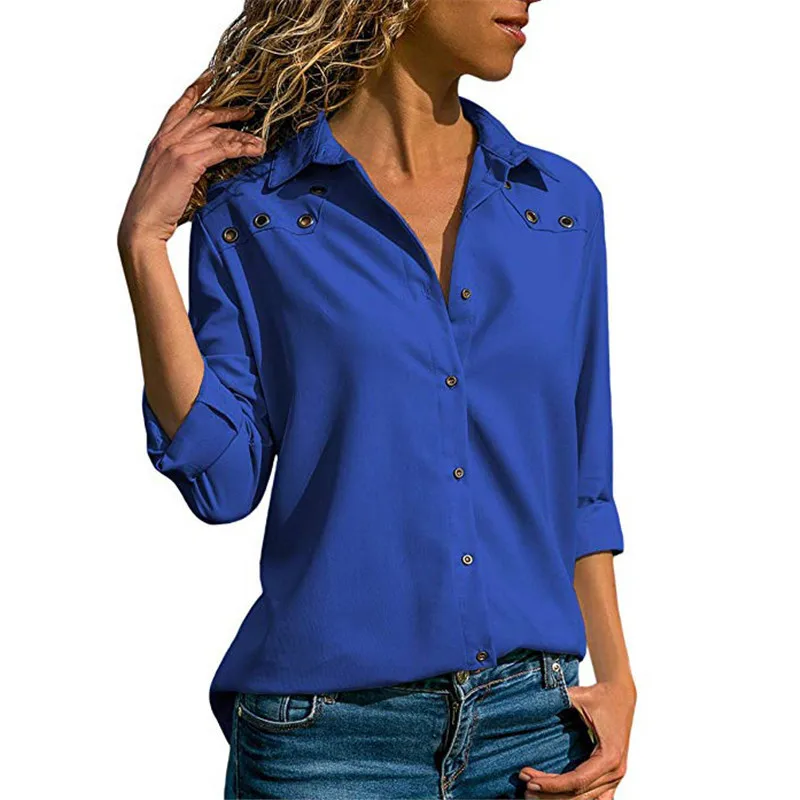 Женские топы, блузки, Весенняя элегантная блуза с длинными рукавами, рубашка, отложная шифоновая блузка с воротником, офисные рубашки - Цвет: Royal Blue