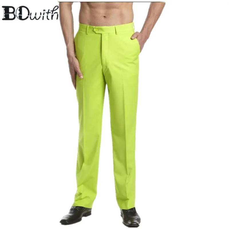 

2019Newest Bright Green Men's Slim Fit suit Trousers Casual Wedding Straight Male Pants Flat Front Dress Pants For Holiday Party