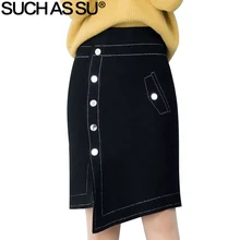 Вязанная Асимметричная Женская юбка, новинка, Осень-зима, модная, черная пуговица, необычная, тонкая, эластичная талия, юбка-карандаш, Женская юбка