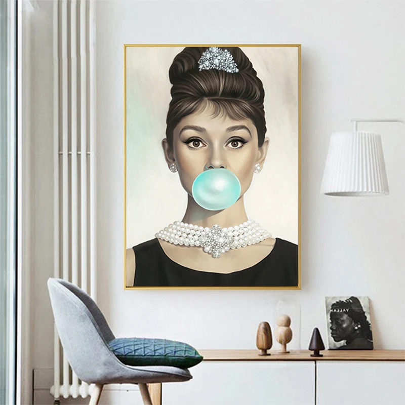 

Audrey Hepburn Bubbles Wall Art Canvas Black White Lipstick Leaf Fashion Poster Prints Painting Picture Modern Room Decoration