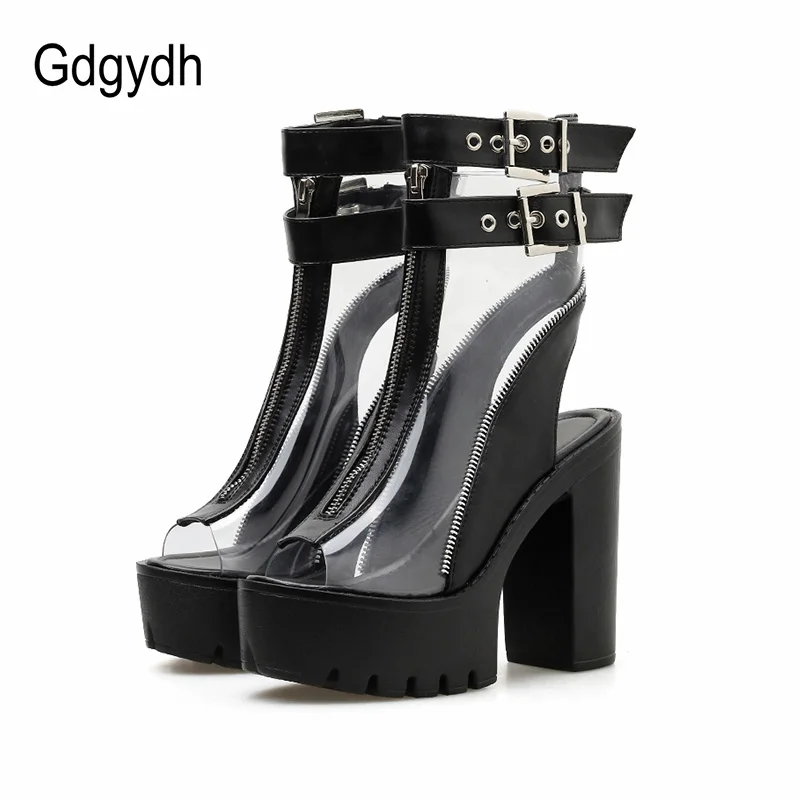

Gdgydh 2019 New Summer Shoes Women Transparent Peep Toe High Block Heel Sexy Sandal Shoes Boots Fashion Buckle Slingbacks Black