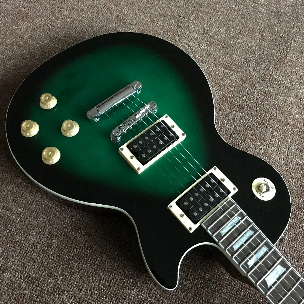 high quality standard electric guitar in green and black color with chrome hardware , brown back