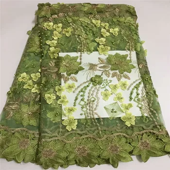 

2018 African Lace Fabric High Quality 3D Flower beads Embroidery Nigerian Lace Fabrics For Wedding Dress HJ968-2