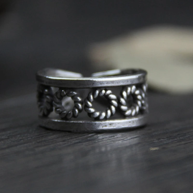 

Fyla Mode Wholesale Jewelry 999 Thai Silver Vintage Rings Hollow Design Flower Silver Rings For Men Women 10mm 8G WT071