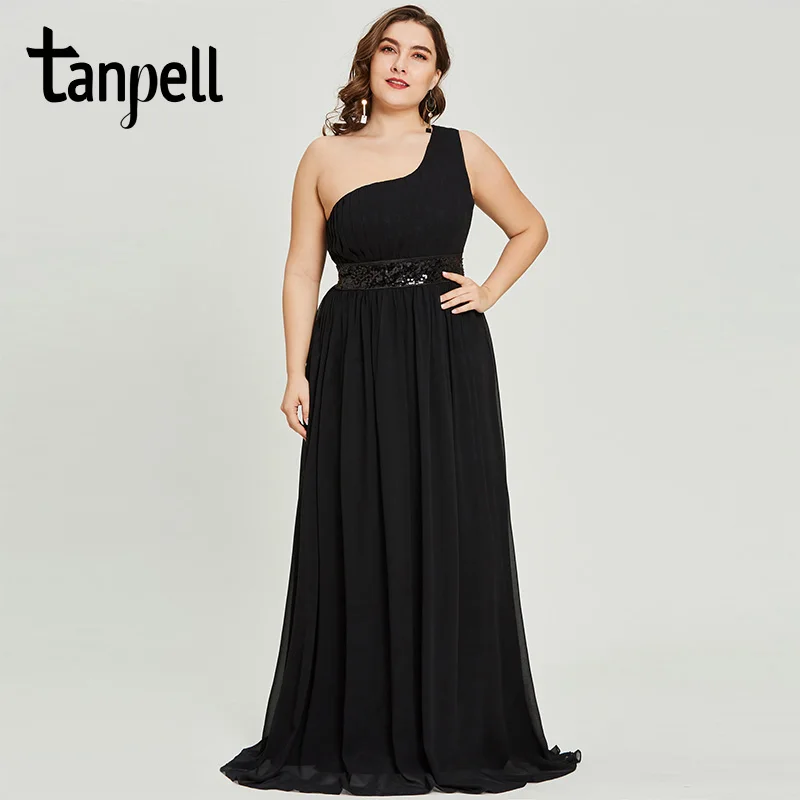 

Tanpell one shoulder evening dress black sleeveless floor length a line dresses ladies sequins pleats party formal evening gown